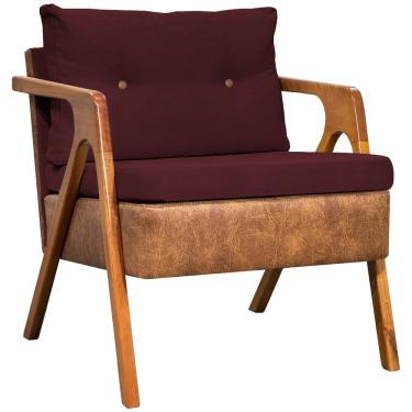 Imagem de Poltrona Linho Moderna Laura Corino Com Linho Pé Castanho - Bordô, Linho