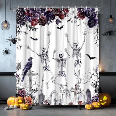 Imagem de ASVEAS Cortina de chuveiro gótica de Halloween esqueleto crânio assustador roxo vermelho floral morcegos tecido tumba corvo para decoração de banheiro banheira com ganchos (177,8 cm x 170 H)
