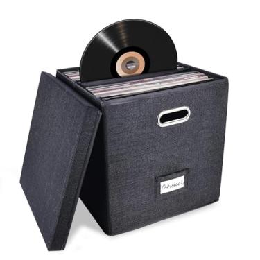 Imagem de Caixa de armazenamento de discos de vinil resistente – Armazenamento de álbum comporta mais de 50 discos únicos, caixa organizadora de armazenamento LP com tampa, caixa decorativa para discos,