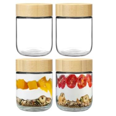 Imagem de Kgtee Pacote Com 4 Potes Para Aveia Noturna Tampas De Bambu, Vidro Boca Larga 473 G, Herméticos Mingau Aveia, Pudim Chia, Iogurte, Salada, Cereal, Preparação Refeições