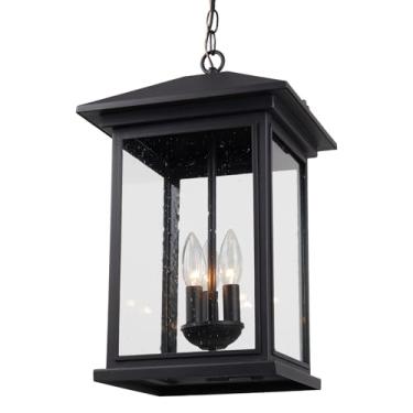 Imagem de Treekee Luminária Pendente Grande Para Áreas Externas, Lanterna Suspensa Moderna Ajustável, Lustre Preto Varanda Externa Com Vidro Fosco, Iluminação Pátio, Varanda, Quintal, Gazebo