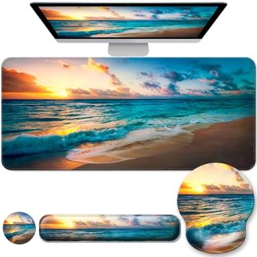 Imagem de Conjunto de almofada de mesa para teclado descanso de pulso e mouse pad, tapete de mesa grande XXL capa fosca mousepad ergonômico com espuma de memória para mulheres, computador de mesa e escritório -