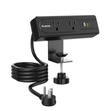 Imagem de PLUGTUL Filtro De Linha Com Braçadeira Mesa, Estação Tomada 3 Metros 2 Tomadas, Carregamento Rápido 20 W, Plugue Plano, Calibre 16, Fita Preta Usb-C, Compatível Borda Mesa 4,3 Cm