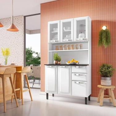 Imagem de Kit De Cozinha Compacta Branco Em Aço 6 Portas 3 Vidros 2 Gavetas Pratika