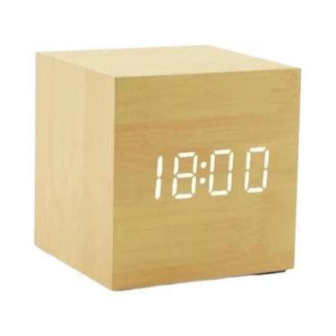 Imagem de Despertador Digital LED De Madeira Quadrado USB Alimentado Por Bateria