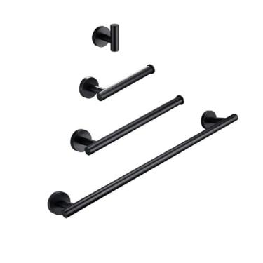 Imagem de Conjunto de banheiro preto cromado - Toalheiro redondo de aço inoxidável com ganchos para papel higiênico - Kit de ferragens para montagem na parede, MB, conjunto de 4 peças