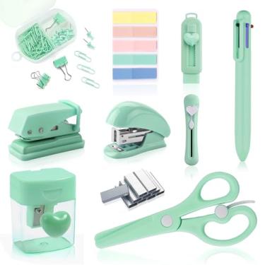 Imagem de Mini kit de material de escritório verde mini material escolar conjunto de acessórios de mesa inclui mini grampeador, apontador de lápis, removedor de grampo, furador, caneta esferográfica, caixa de