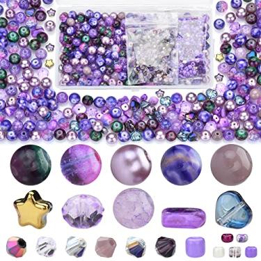 Imagem de Suprimentos sortidos para fazer pulseiras, contas de lavanda violeta - 900 peças incluem 6 tipos de contas redondas de vidro, com contas de estrela, contas de coração, contas de rondelle, contas de bicone, contas de sementes para kit de fabricação de joias