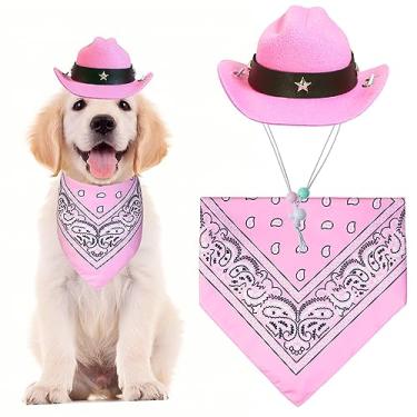 Imagem de GOYOSWA Fantasia de Halloween para cães, fantasia de caubói, chapéu de cowboy de Halloween para cães de Halloween, cachecol de bandana para cães engraçados, fantasias de Halloween para cães pequenos, médios e grandes, animais de estimação (chapéu rosa e bandana rosa, pequeno)