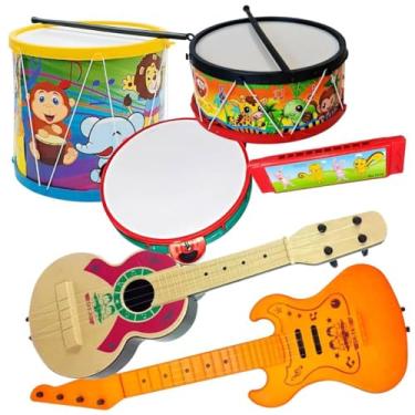 Imagem de Kit Musical Brinquedo 6 Instrumentos Tambor Grande Violão pandeiro GaIta Tamborzinho Infantil Violinha