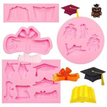 Imagem de Conjunto de moldes de silicone de graduação, design de tampa de livro de coruja de diploma, pacote com 4 moldes de fondant de resina para decoração de bolos
