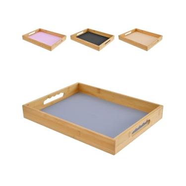 Imagem de Bandeja de servir de bambu com tapete de silicone, alças ergonômicas, bandeja de cama multiuso para café da manhã, laptop, otomano