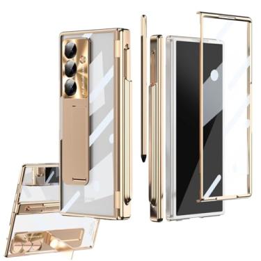 Imagem de Capa galvanizada Z Fold 7/6/5 para Samsung Galaxy Z Fold 7 5 4 3 5G com protetor de tela de vidro integrado, uma caneta, proteção de dobradiça, capa protetora de câmera de liga (dobra 7, dourada)