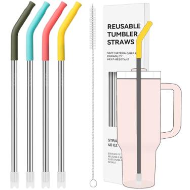 Imagem de Soledea 4 PÇS Canudos de metal de 1134 g para copo Stanley de 1,134 g, extra longo com pontas de silicone, fundo anti-clank, serve para jarros de 1,8 g e copos grandes