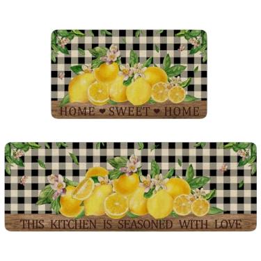 Imagem de Faptoena Conjunto De 2 Tapetes Cozinha Lemon, Festa Xadrez Buffalo Home Sweet Para O Chão, Capachos Sazonais Antiderrapantes E Laváveis Decoração Pia Corredor, Primavera Verão