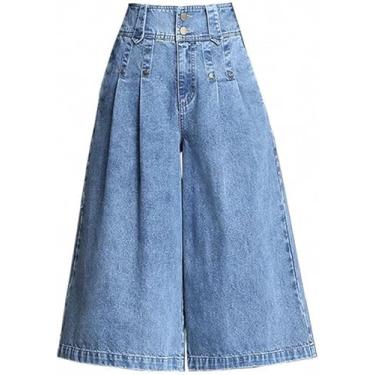 Imagem de Xku Shorts Moda Feminina Cintura Alta Calças Perna Larga Casual Soltas Bermuda Calças Cortadas, Blue B, L