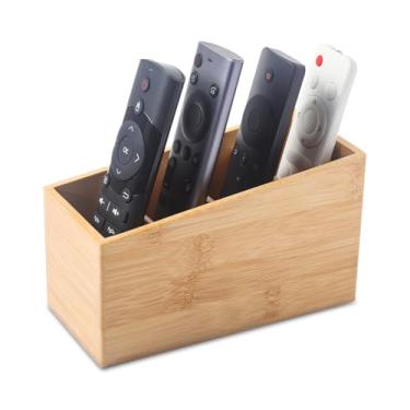 Imagem de Porta-lápis de madeira de bambu para suporte de controle remoto de mesa, organizador, armazenamento de mesa com 4 compartimentos, multiuso para controle remoto de TV, console de jogos, telefones