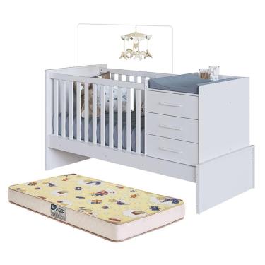 Imagem de Berço Multifuncional Beni 4 Em 1 Branco Brilho Com 3 Gavetas E Colchão Supreme - Móveis Peroba