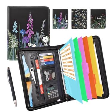 Imagem de Eshow Organizador de portfólio – fichário de 3 anéis com zíper, pasta de couro vegano com bloco de notas, inclui 5 protetores de folhas coloridas para arquivos de documentos para homens e mulheres