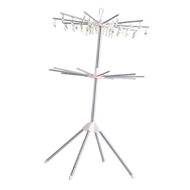 Imagem de DimyFew Varal de roupas, varal dobrável para secar roupas, suporte giratório, cabide para roupas, cabide vertical para roupas de cama, viagem, 2 Camadas 30 Clipes