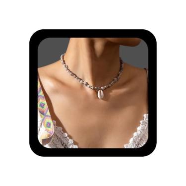 Imagem de Ximdble Colar vintage com pingente de caubói boêmio, gargantilha, colar de corrente de concha do oceano, colar de caubói marrom, corrente de vieira, joia feminina, Zinco, Sem Pedra Preciosa