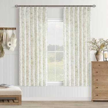 Imagem de Cortinas florais verde-sálvia 153 cm de comprimento plissadas casa de fazenda boho vintage filtragem de luz padrão verde impressão em cortina de linho branco creme estilo esboço estética decoração