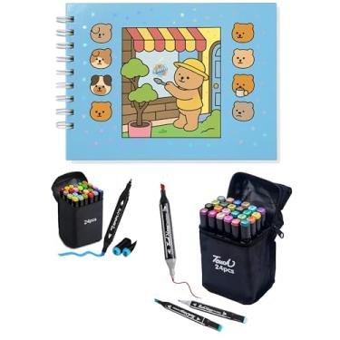 Imagem de Livro Colorir com Canetinhas Kit Livro De Pintura Azul + 24 Canetas Ponta Dupla Marcadora Canetinhas para Colorir Capa Dura Holográfica com Acetato 50 desenhos A5