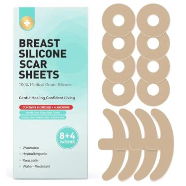 Imagem de Folhas de silicone para cicatrizes de mama – 8 círculos de aréola + 4 adesivos de âncora | Fita de cicatriz de grau médico, reutilizável e impermeável para cirurgia de mama, implantes, elevação