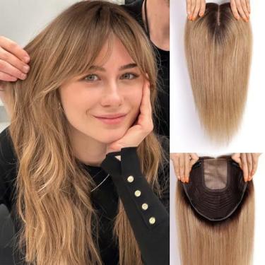 Imagem de HAIRCUBE Toppers de cabelo de 41 cm para mulheres, cabelo humano real, base grande de 23 x 23 cm, com franja, partes superiores de cabelo humano para mulheres com queda de cabelo ou cabelo fino (loiro