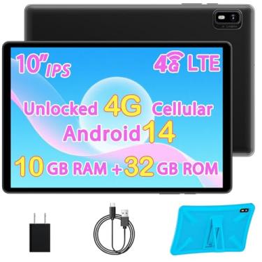Imagem de Topsand Tablet Android 14 de 10 polegadas com slot para cartão SIM desbloqueado, 10 GB de RAM, 32 GB de ROM, 1 TB expansível, câmera de 8 MP, WiFi 2,4 G/5G, BT5.0, tablet celular com GPS, capa