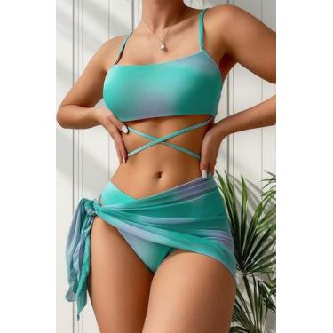 Imagem de Biquíni Neon De 3 Peças Com Bojo E Cintura Alta Azul Kit moda praia fe