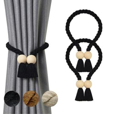 Imagem de LUMAI Kit 2 Prendedores de Cortina Magnético Elegante Amarrador para Cortinas com Corda Trançada, Esferas de Madeira Natural, Ímã Forte 1,5cm, Várias Formas de Uso, Sala, Quarto, Escritório (Preto)