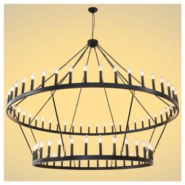 Imagem de Yikrfiae Lustre de roda de vagão grande preto de 2 camadas, luminária pendente de casa de fazenda de 80 luzes de 79 polegadas, iluminação suspensa rústica redonda para sala de jantar cozinha ilha hall