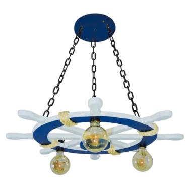 Imagem de Luminária Náutica Timão de Veleiro Pequeno – MDF com Detalhes em Corda Sisal – Bocal E-27 (Branca, Média)