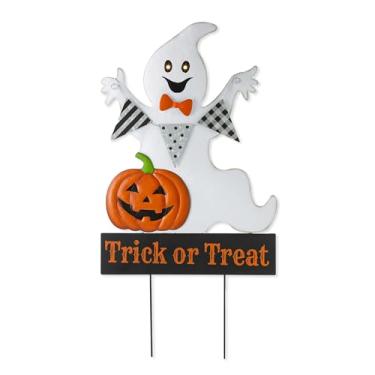 Imagem de Glitzhome Estaca de jardim fantasma de Halloween iluminada de 81 cm com temporizador, olhos brilhantes, placa de pendurar de metal para decoração externa com ligar/desligar automático para decorações