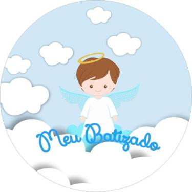 Imagem de Painel de Tecido Sublimado Redondo Meu Batizado Anjinho Nuvens Azul e 