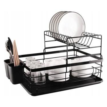 Imagem de Escorredor de Louças Talheres 2 Andares Preto Rack Organizador Cozinha