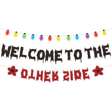 Imagem de SAVITA Bem Vindo ao Outro Lado Banner, Decoração Festa Temática Estranho Cabeça Baixo Banner Aniversário Assustador Halloween para Reunião Temática Material para Decoração de Sala de Casa
