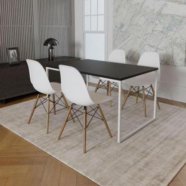 Imagem de Mesa Industrial Base Ferro Branco Tampo 137X90 Preto 4 Cadeiras Madeir