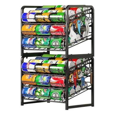 Imagem de Organizador de lata empilhável de 6 camadas para despensa, dispensador de lata ajustável comporta até 60 latas, com 12 ganchos, suporte de armazenamento para várias onças de alimentos enlatados