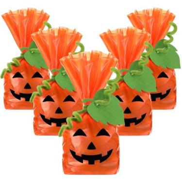 Imagem de Resurhang Conjunto de 50 sacos de plástico para lembrancinhas de Halloween com folhas de feltro e laços torcidos, estampa de sorriso de abóbora, sacos de presente de celofane para doces, padaria