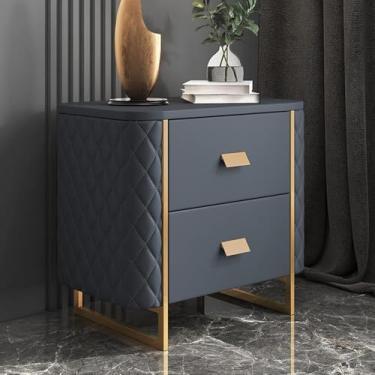 Imagem de Mesa De Cabeceira Branca, Armário De Cabeceira De Mármore, Armários De Cabeceira Com 2 Gavetas, Móveis De Quarto Minimalistas Modernos, Prateleiras De Armazenamento Abertas De M, Beige Gray