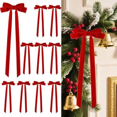 Imagem de Senjie 10 peças grandes laços de árvore de Natal de veludo, 50,8 cm x 20,3 cm fita vintage pré-fabricados enfeites de topo de árvore ornamentos para escada, guirlanda de presente, decoração de