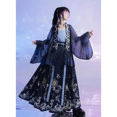 Imagem de Terno preto Hanfu preto céu estrelado cardigã estampado rosto de cavalo saia feminina estilo gótico fantasias cosplay Halloween