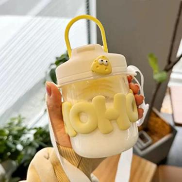 Imagem de Garrafa de água de vidro com tampa e copo de leite de café fofo com alça de corrente de tampa garrafa portátil