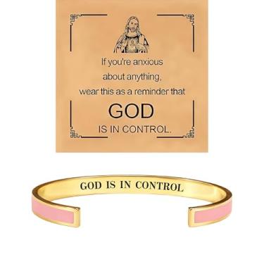 Imagem de BlingNook Pulseira God Is In Control para mulheres e homens, com cartão de presente, pulseiras de oração cristã aberta Jesus fé inspiradora, joia ajustável de aço inoxidável, One Size, Aço inoxidável
