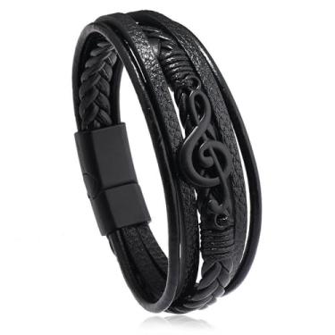 Imagem de Dreuyet Pulseiras de couro trançadas, retrô, guitarra, música, notas, feitas à mão, étnica, tribal, clave aguda, pulseira, punk, rock, joias presentes, Medium, Couro Metal, Sem Pedra Preciosa