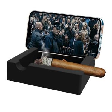 Imagem de Cinzeiro de silicone para charuto, 15 cm, preto, grande cinzeiro de silicone com suporte para telefone e 3 suportes para charutos, uso interno e externo, presente inquebrável para homens fumantes