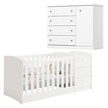 Imagem de Berço Multifuncional Atlanta e Cômoda Infantil Americano Branco Fosco 