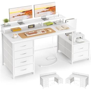 Imagem de Mesa de computador com gaveta de arquivo, mesa de escritório doméstico com prateleiras, suporte para monitor, mesa de estudo, escrita, jogos, tomadas, mesa de trabalho com espaço para impressora